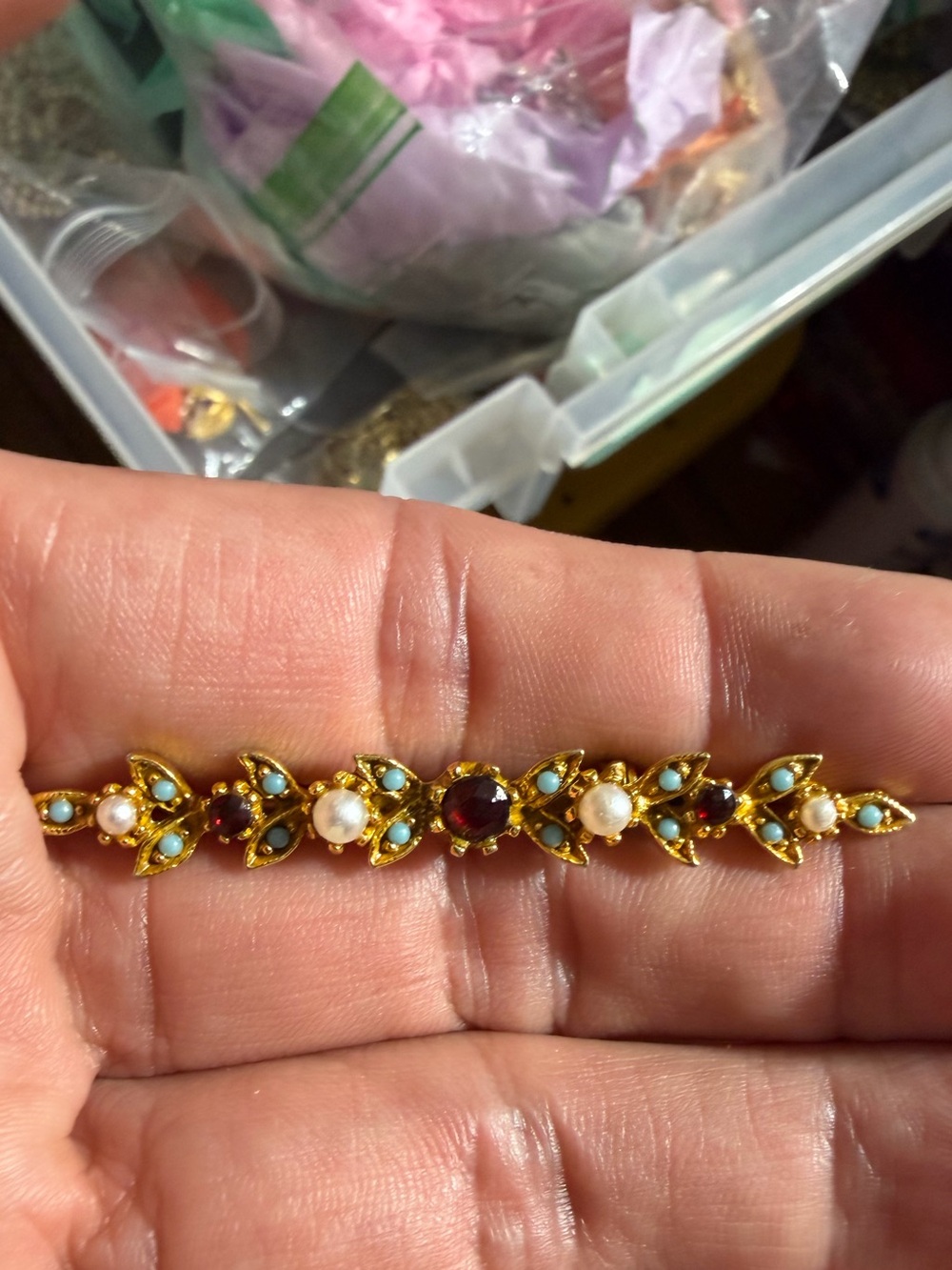 Vintage Gold Tone Turquoise Pearl bar Brooch